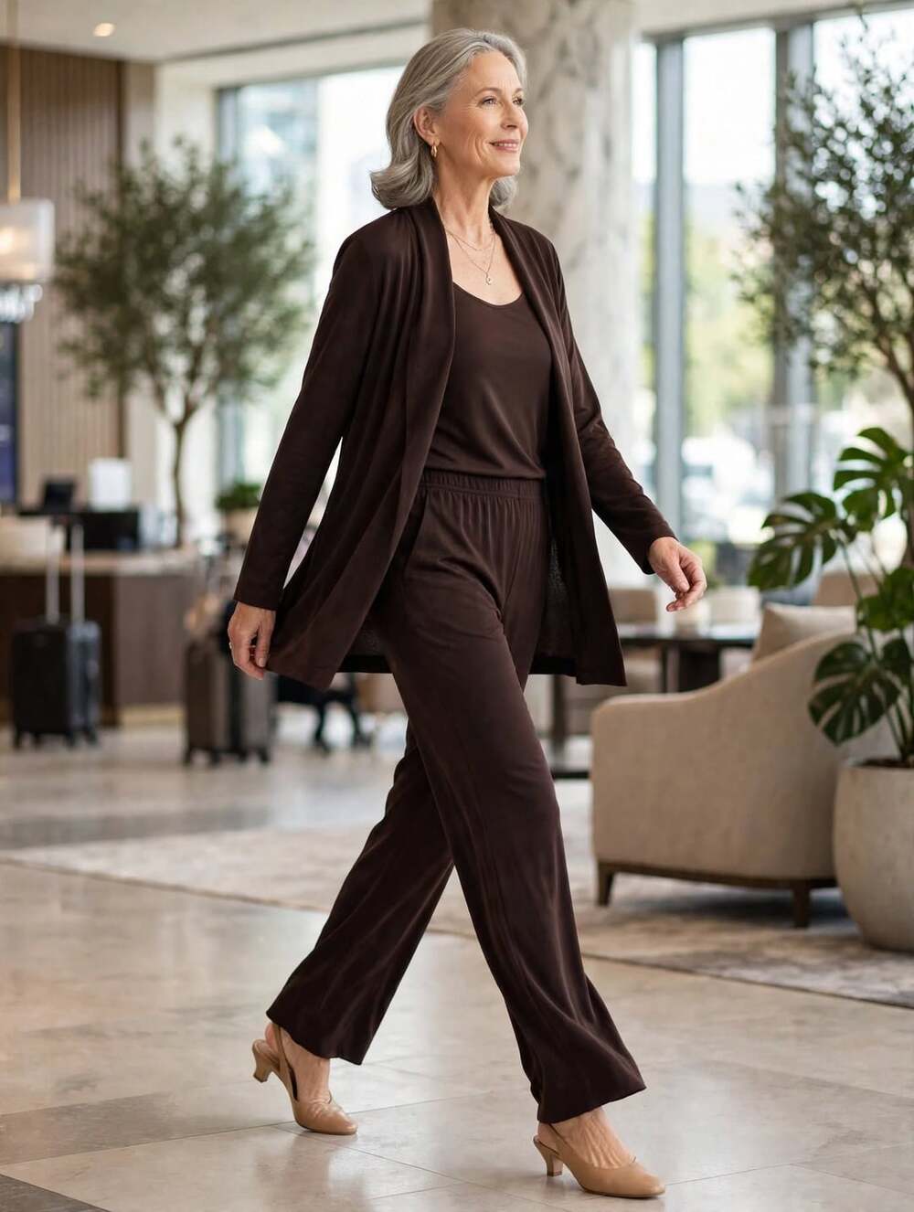 Chico's Travelers 2-Pc Pant Suit Chocolate Brown Blazer Pants Set Size 2 L